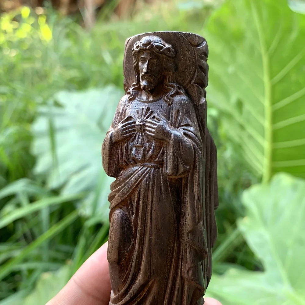 3.9 Inch Hand-Carved Wooden Creative Jesus Figurine Suitable for Home Living Room Decoration, Study Room Decoration, Craft Creative Gift, Desktop Decoration, Holiday Gift