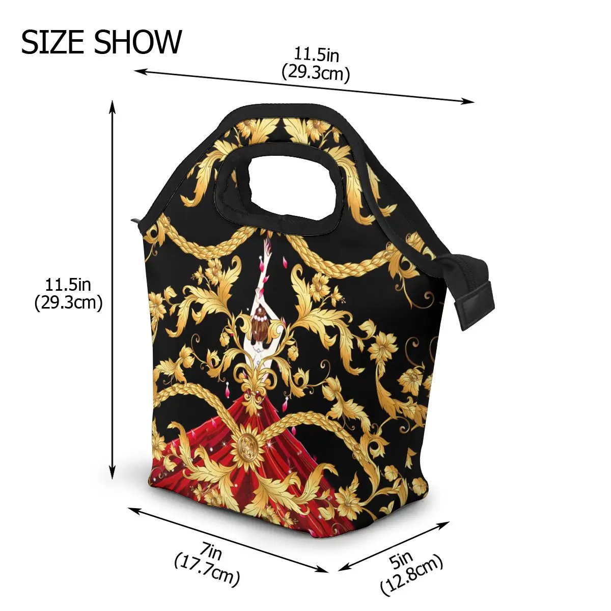 Cute Anime Girl Dress Cooler Lunch Bags Portable Zipper Thermal Lunch Bags For Women Golden Baroque Floral Lunch Food Bags