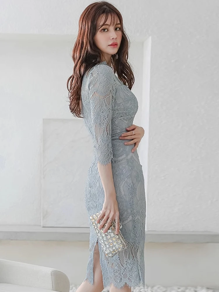 Elegante doce sexy midi vestido feminino sheer ver através de renda gancho floral oco split robe femme senhora do escritório vestidos de festa de baile