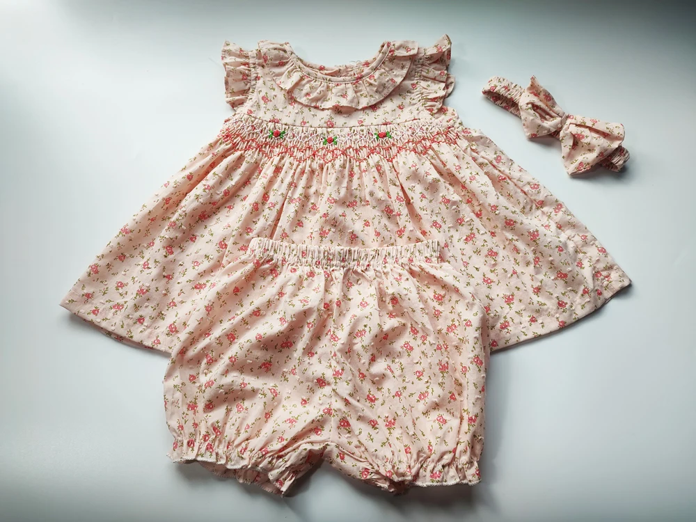 Toddler Girls Dress Suit Sets 2025 Summer baby Embroidery Smocked Floral Dress With Shorts Headband Children Casual Outfit 9-36M