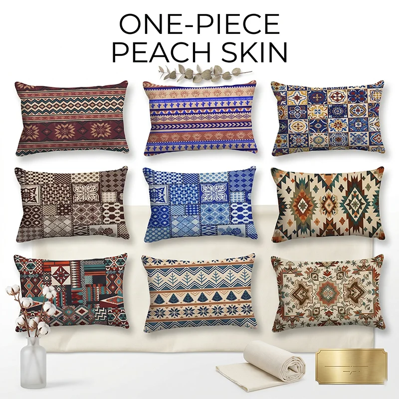 

Boho Tribal Geometric Lumbar Pillow Cover Peach Skin Retro Moroccan Ethnic Cushion Cover for Sofa Couch Living Room Decor 30x50