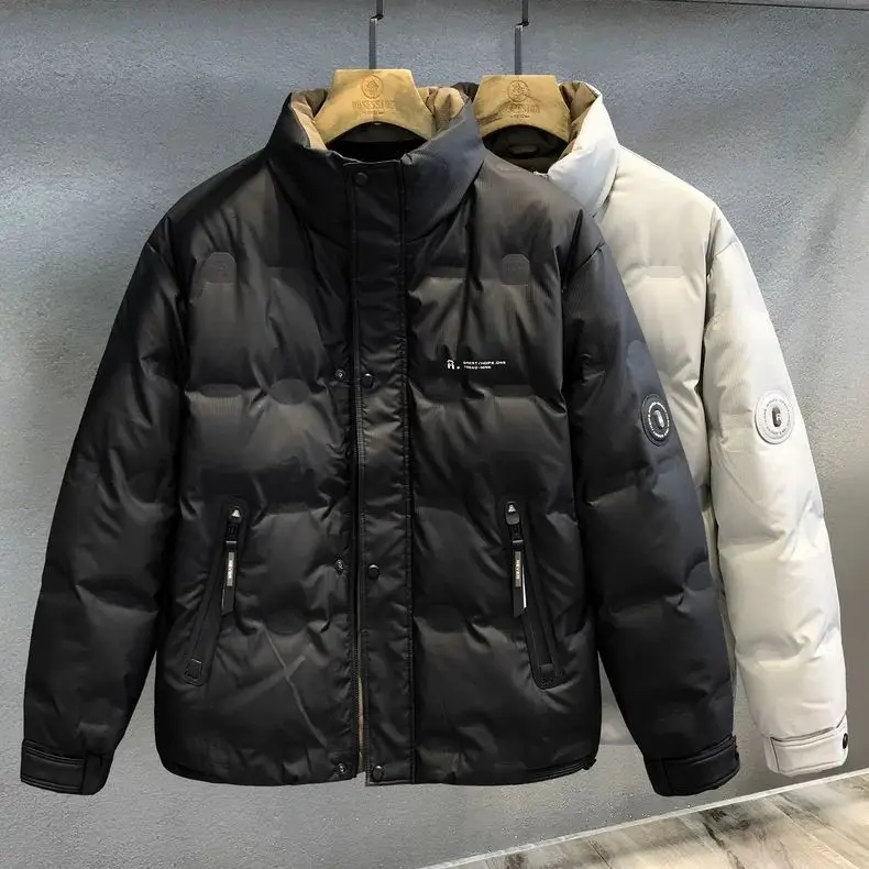 Leather texture duck down ruffian handsome stand-up collar down jacket men's winter thickened warm jacket