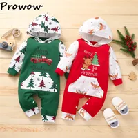 Prowow My First Christmas Baby Romper Xmas Tree Print Hooded Jumpsuit For Newborns My First New Year Baby Christmas Costume