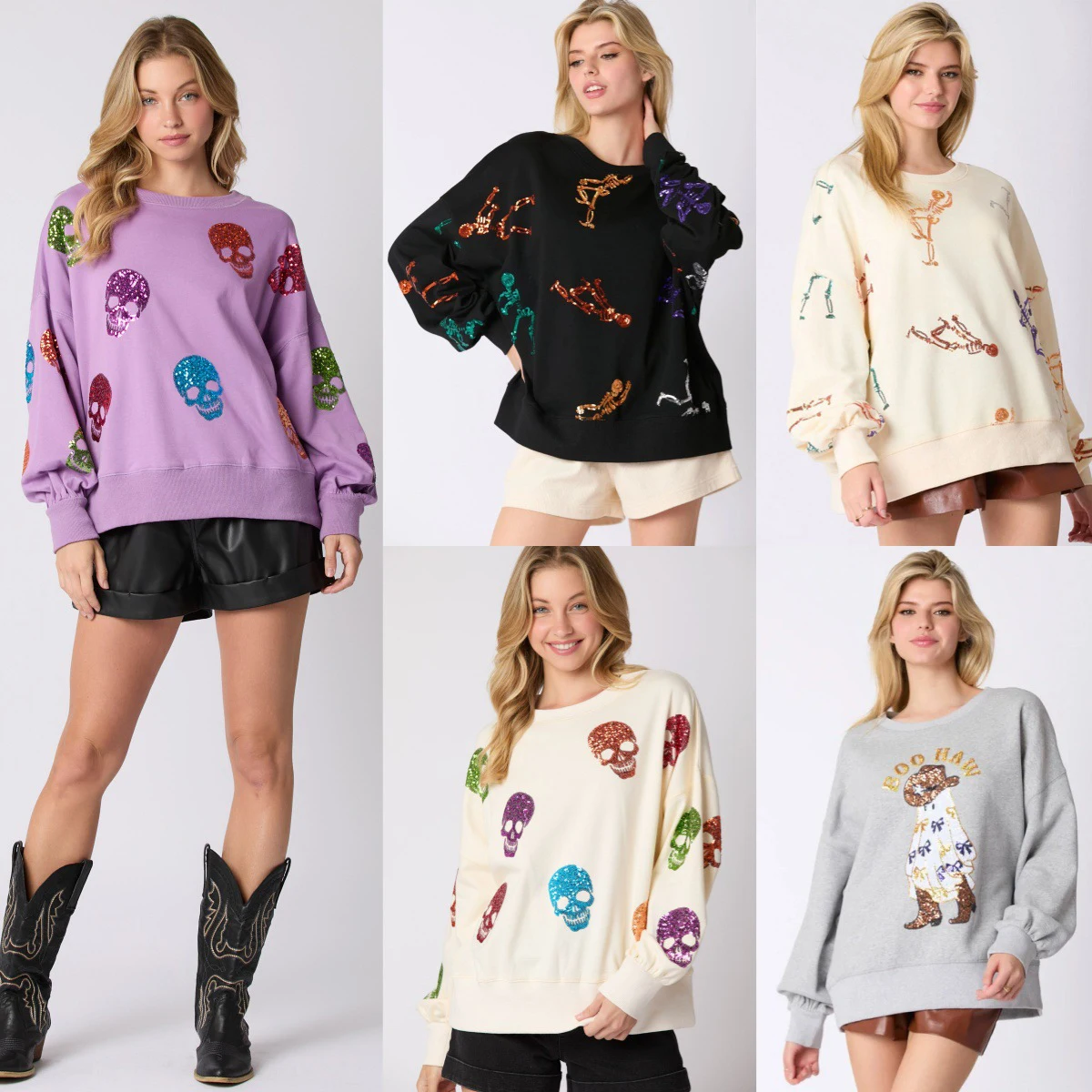 Bobo Halloween Skulls Sequins Sweatshirts Women New Loose Casual Long Sleeve O-neck Hoodies Femme Vintage Chic Y2K Pullover Tops