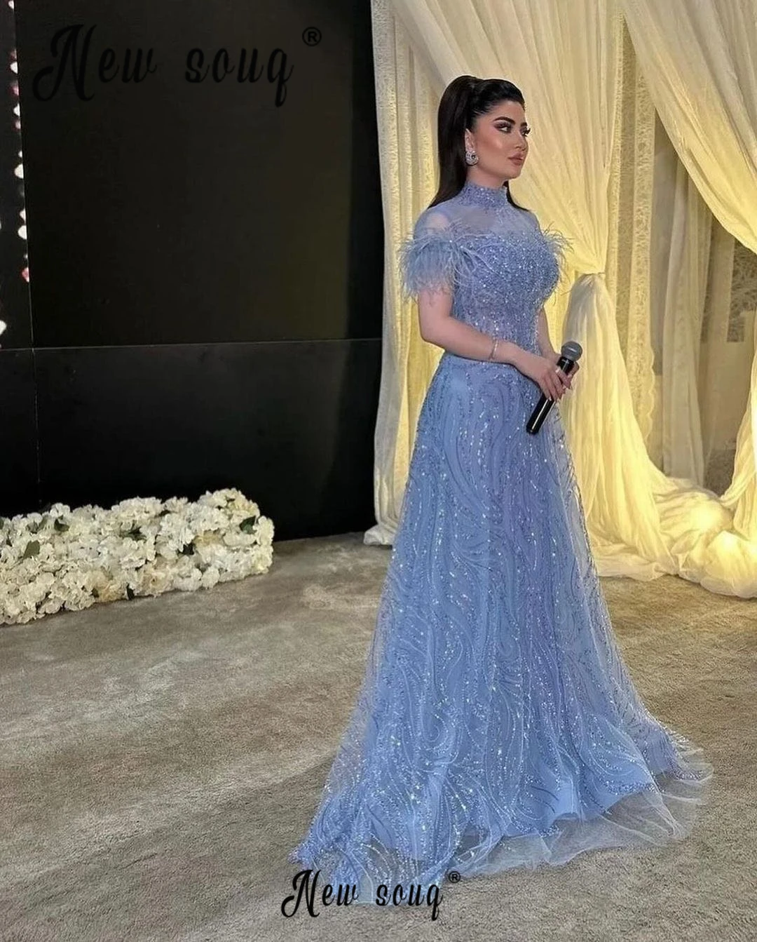 High Neck A Line Beaded Stage Prom Dress Arabic Host Gowns Long Evening Dresses Feather Luxury Wedding Party Gowns Customized