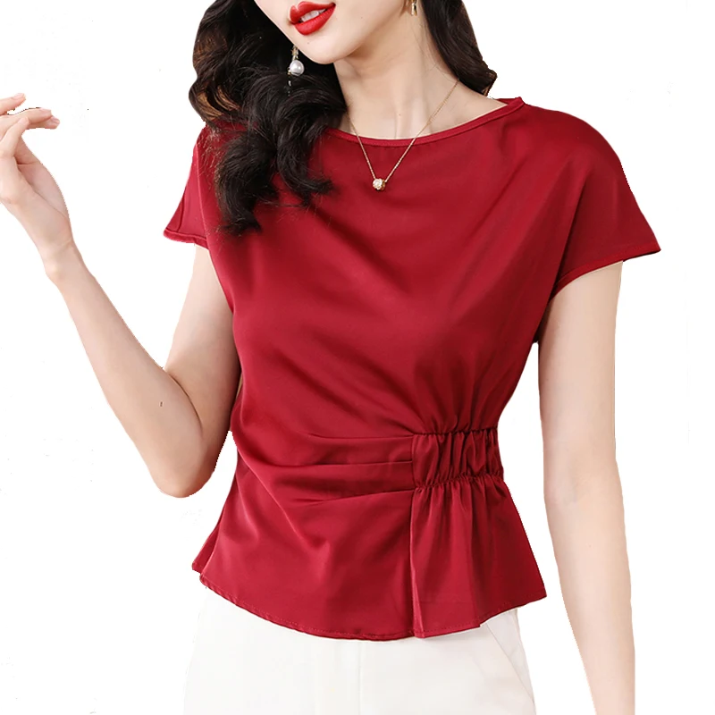 Summer New Simulated Silk Satin Face Women's T-shirt Short Sleeves High Grade Top Unique Waist Small Shirt