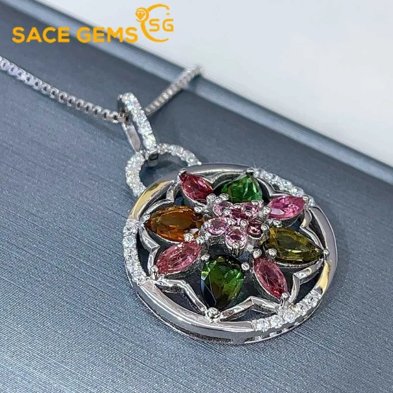 SACEGEMS 925Sterling Silver Certified 4*6MM Natual Tourmaline Pendant Necklaces for Womne Engagement Cocktail Party Fine Jewelry