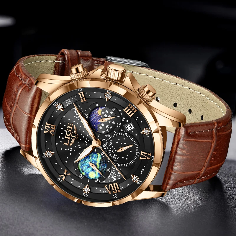 2024 LIGE Fashion Quartz Watch For Men Top Brand Luxury Leather Watch Men Casual Sport Waterproof Chronograph Relogios Masculino