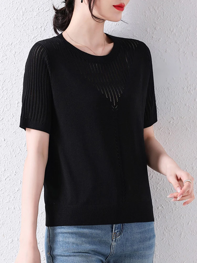 Summer Hollow-out Women Knit Tees Shirt O-neck Cotton Pullover Tops Short-sleeved T-shirt Knitted Jumpers Base Sweater