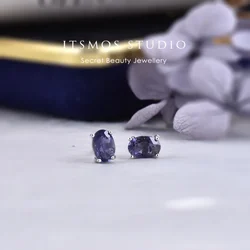 ITSMOS Iolite 6x4mm Natural Oval Shape Iolite Blue Gemstone White Gold Plated Stud Earrings Petite Studs Jewelry for Women