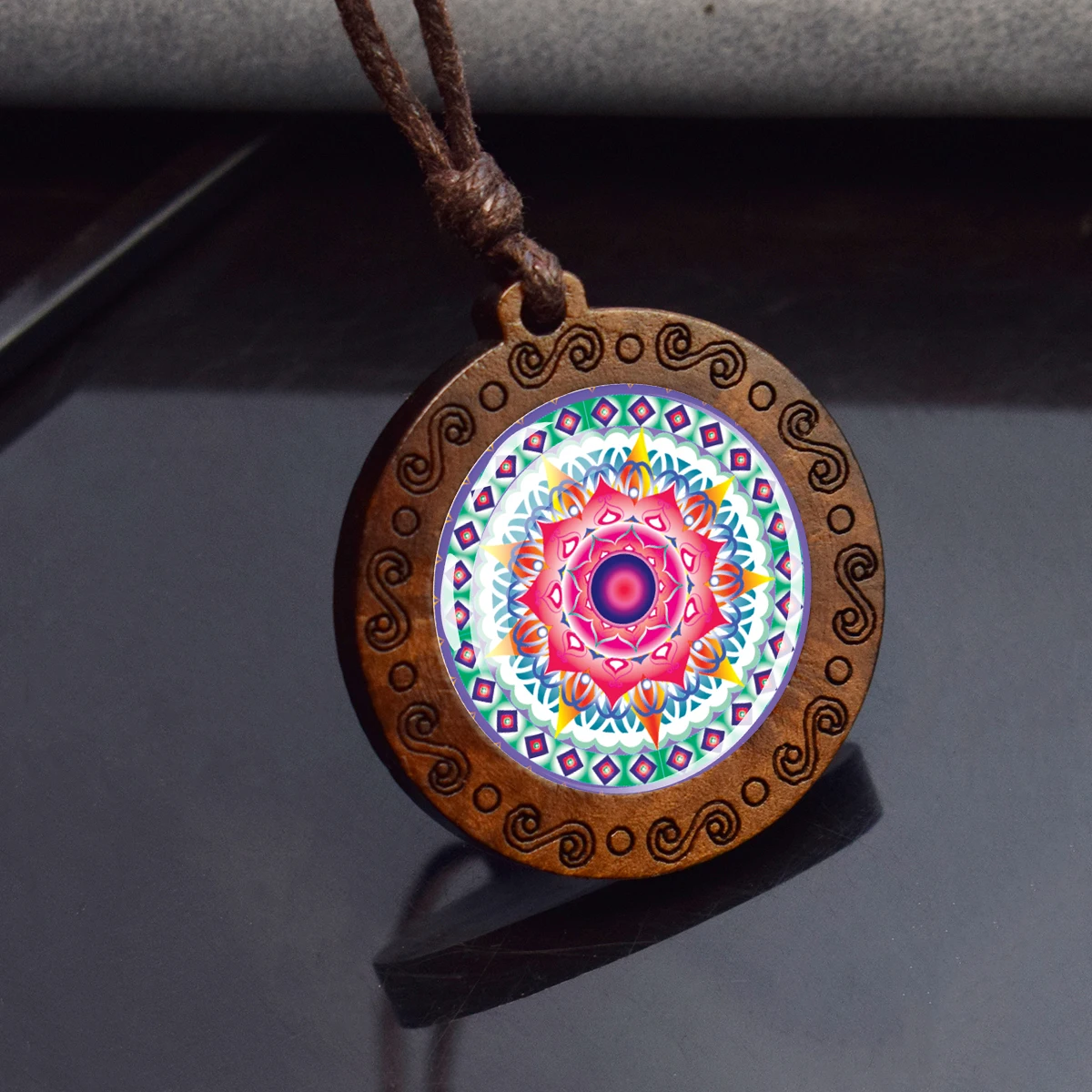 Mandala Pattern Buddhism Necklace Sacred Geometry Wood Pendant Necklace Meditation Reiki Jewelry