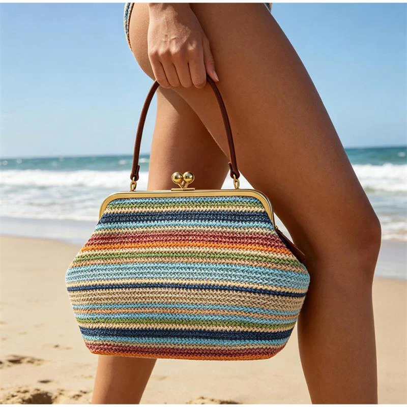 Large Shell Clutch Handbag, Luxury Summer Beach Vacation Straw Tote Beach Bag Designer Striped Kiss Lock Grass Woven Clip Bag