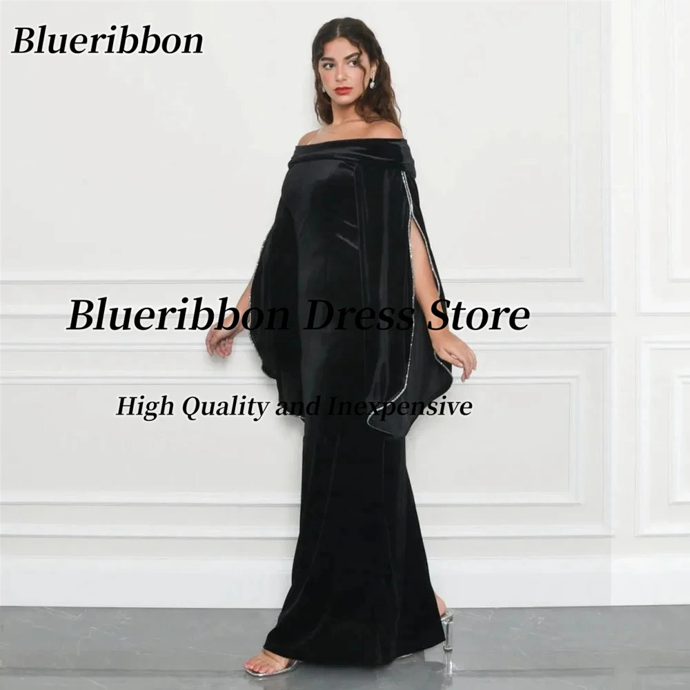 Blueribbon Customized Black Velour Prom Dresses Beading Long Sleeves Evening Gowns Zipper Back Slit Dress for Special Occasion