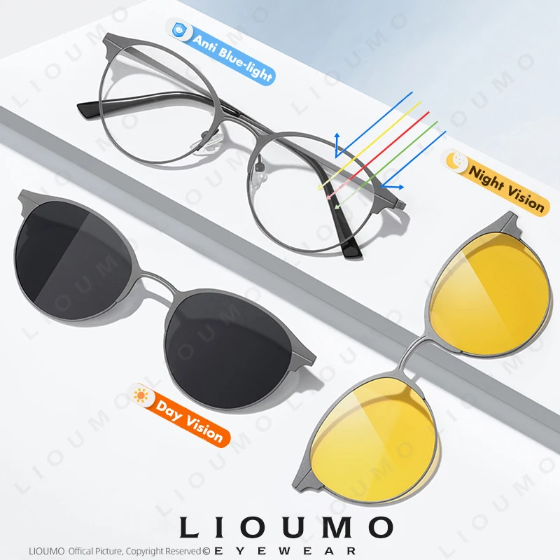 Classic Round Frame 3 in 1 Magnetic Clip On Anti Blue Light Glasses Men Polarized Sunglasses Women Driving Anti-Glare Eyewear