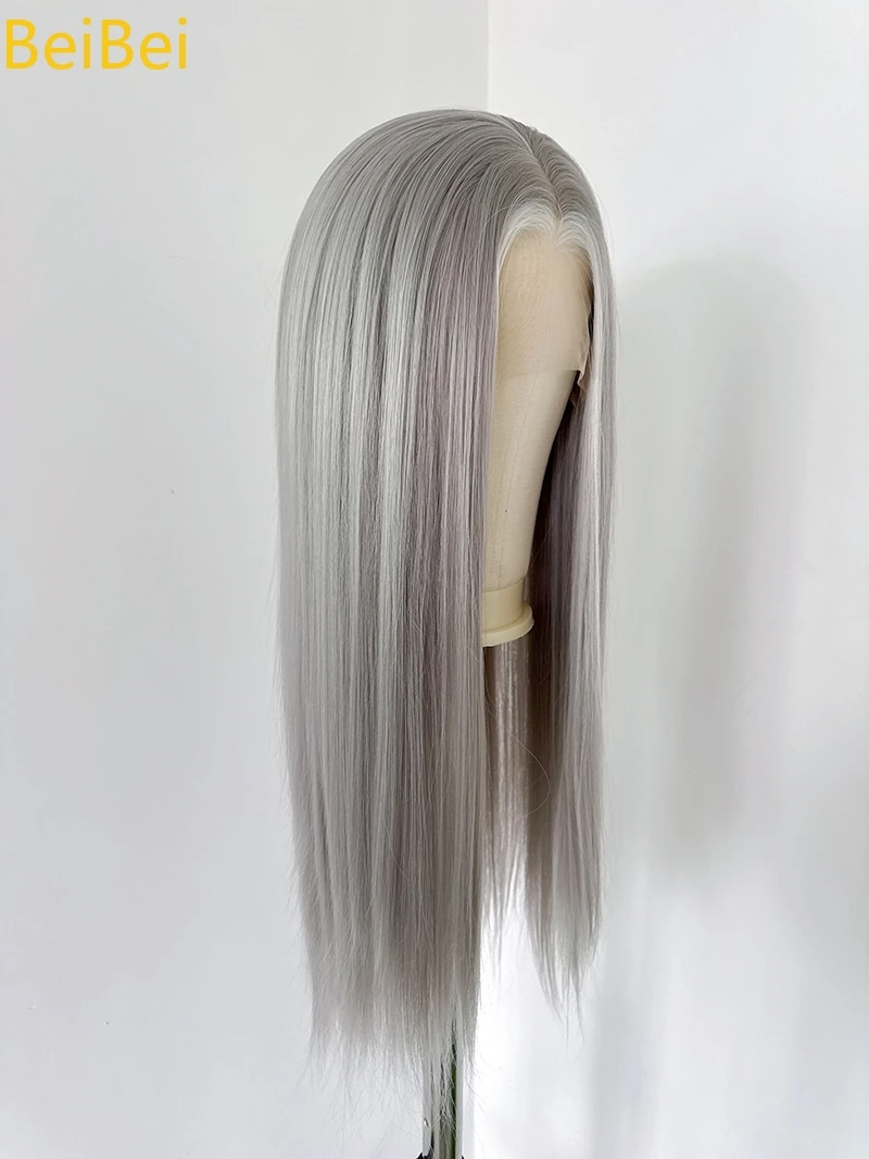 Wig Renda Sorotan Abu-abu-putih 13*4 Wig Renda Depan untuk Wanita 26 Inci Wig Renda Sintetis Kualitas Tinggi Abu-abu Perak untuk Cosplay
