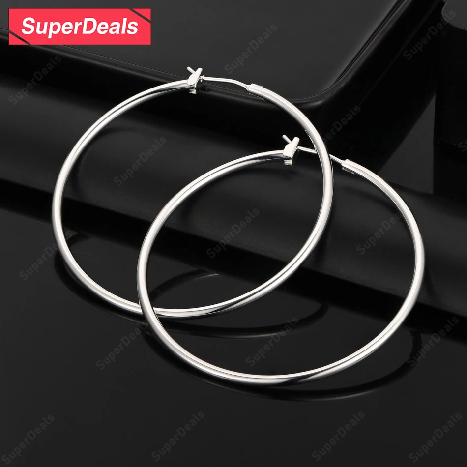 

SuperDeals 925 Sterling Silver 50mm Smooth Round Simple Hoop Earrings Women Wedding Party Elegant Earrings Pretty Jewelry Gift