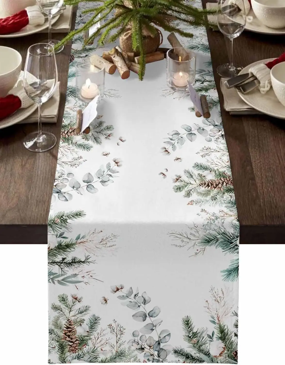 Merry Christmas Eucalyptus Pine Needles Linen Table Runner Party Decor Winter Xmas Pinecone Dining Table Runners Home Decoration
