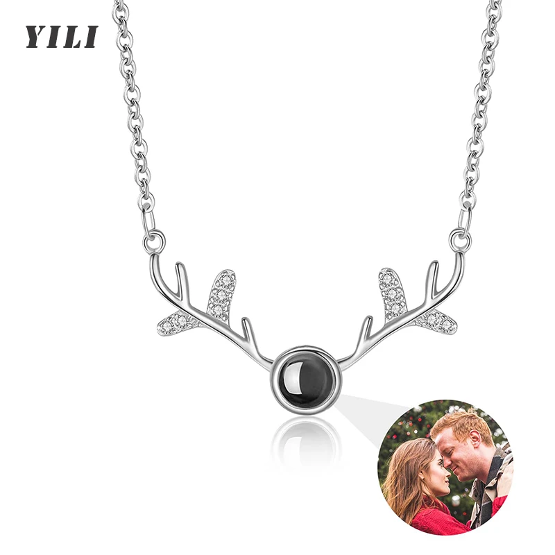 

Custom Photo Projection Necklace Antlers Personalized Necklace with Picture Inside Customized Photos Pendant Necklaces Christmas