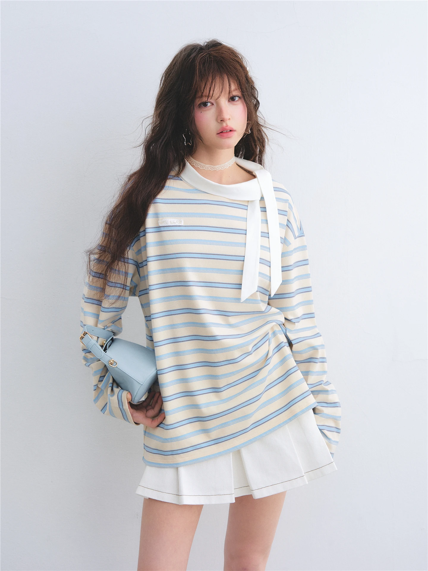 AsGony College Style Color Block Stripe Long Sleeve T-Shirt Women's Retro American Match All over Love Bandanna Necktie Top