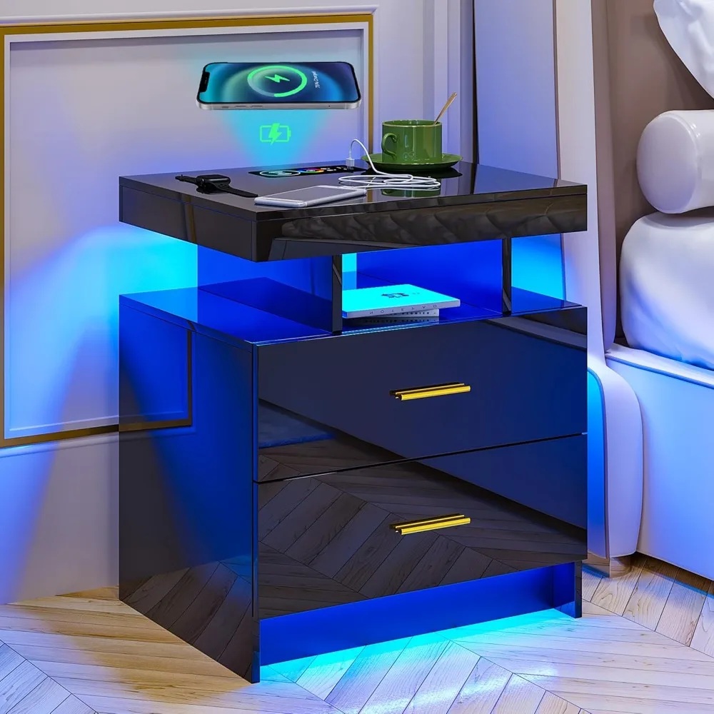 LED Nightstand, RGB Black Night Stand with USB/Wireless Charging Station, Modern Bedside Table has Auto Sensor RGB Lights