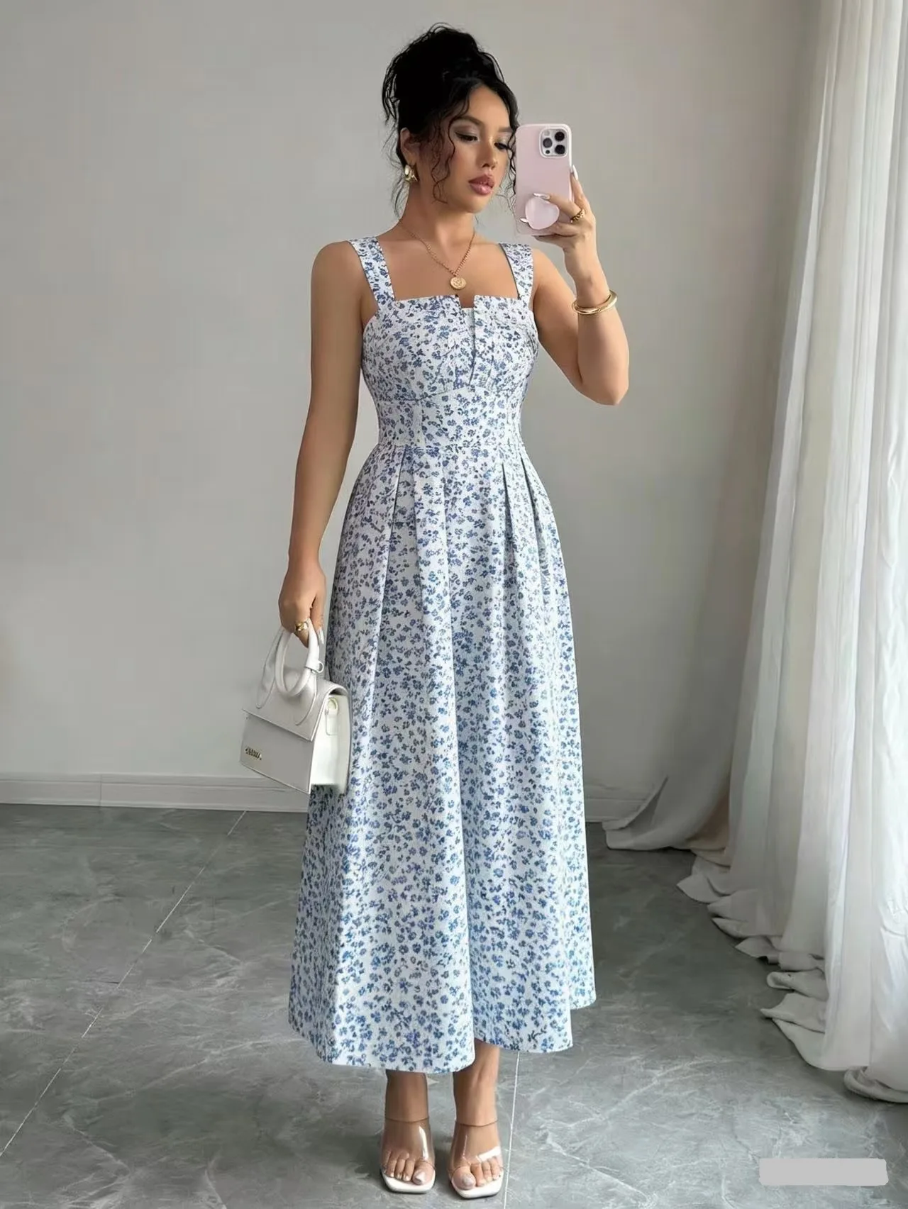 Floral Print Long Dress Women Square Neck Slim Fit V Neck Sleeveless Mid-Length Dresses Y2k Streetwear Party Night Work 2026
