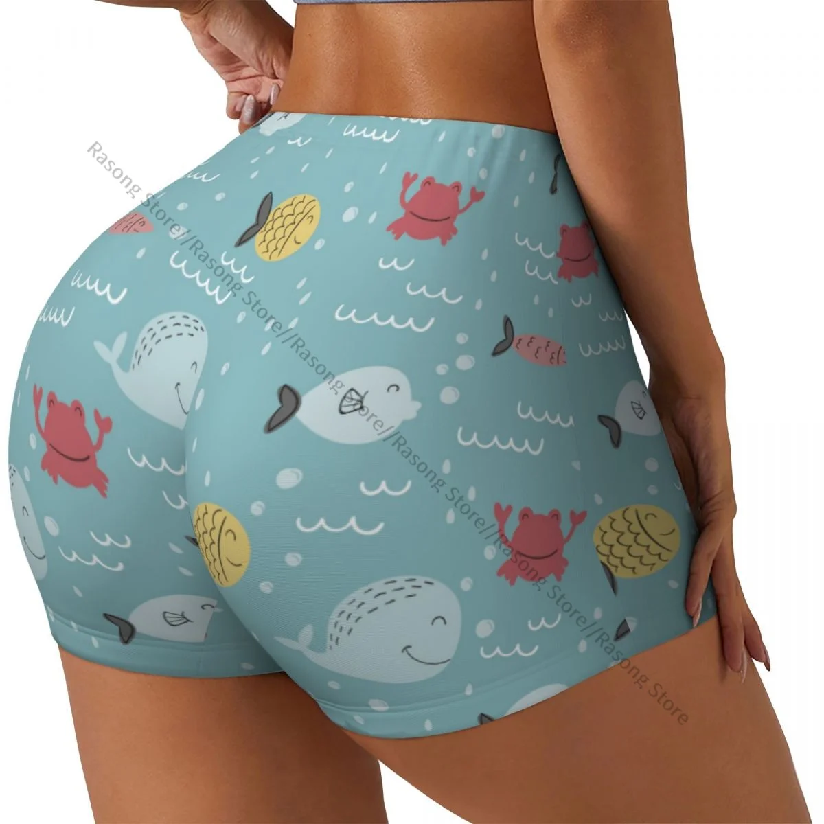 

Push Up Short Elasticity Scrunch Butt Hand Drawn Fish Running Shorts Sports Shorts Womens Clothes Gym