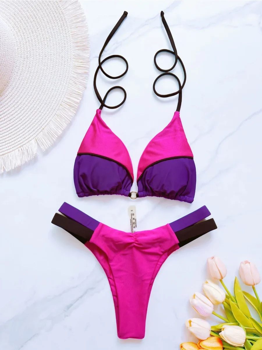 

Patchwork Swimsuit Women's Sexy 2 Pieces Mini Bikini Set Triangle Halter Backless Thong Beach Bathing Suit Summer 2025 New Style