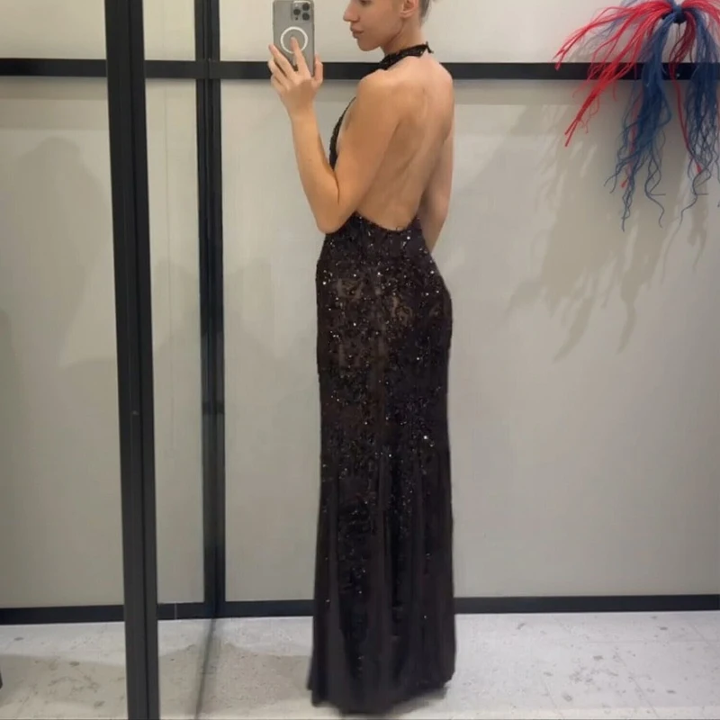 Glitter brilhante grânulo pendurado pescoço vestido sexy ver através sem mangas sem costas 2025 novos vestidos de noite femininos festa clube robes