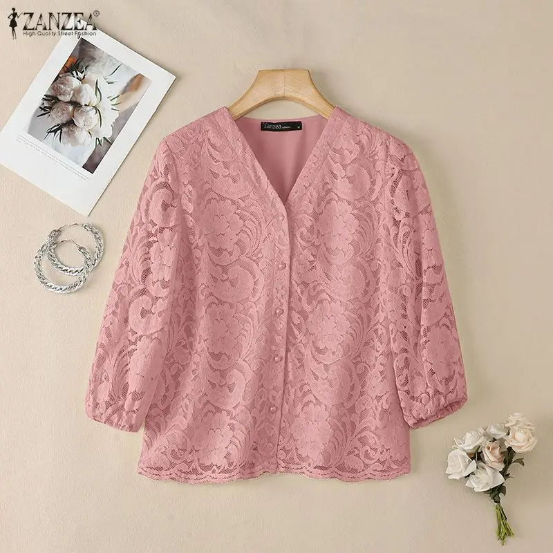 2026 Summer Lace Patchwork Blouse ZANZEA Stylish Women V Neck 3/4 Sleeve Holiday Tops Elegant Work Shirt Solid Hollow Out Blusas