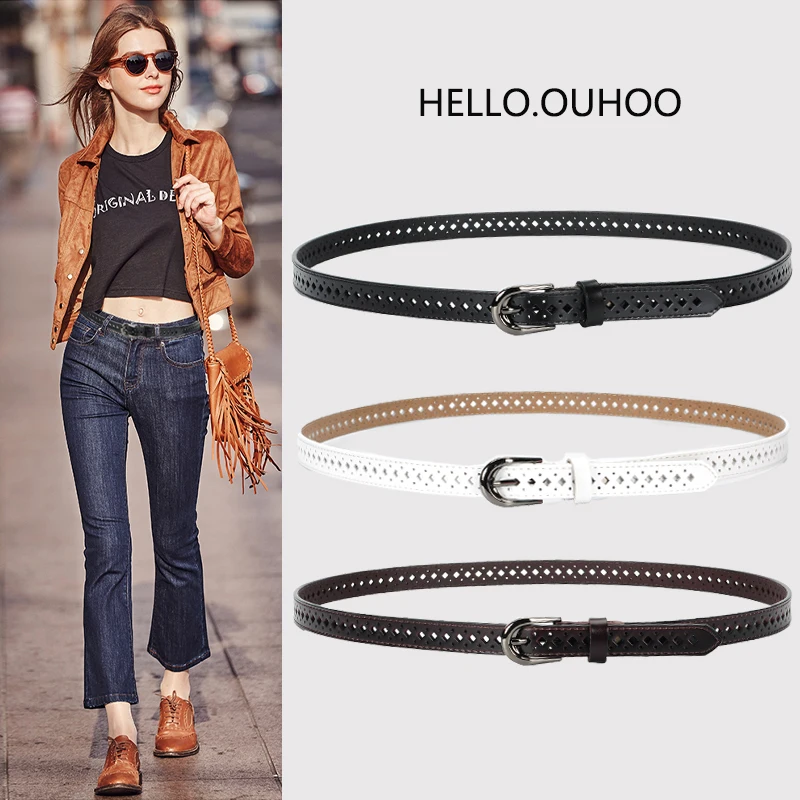 

Hollow out thin belt women's retro cowhide waistband decoration dress jeans genuine leather skinny belt gun-black buckle girdle