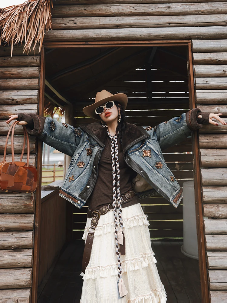 

Heavy Embellished PU Leather Patchwork Denim down Cotton Jacket Women's Winter New Style Xue Ma Xiang Sparkling Galaxy Coat