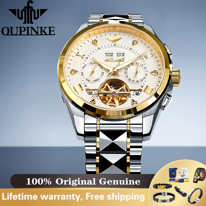 OUPINKE Watches Luxury Man Flywheel Mechanical Watch 50M Waterproof Perpetual calendar Watch Exquisite Gift Box 3270 Genuine