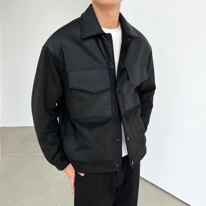 الخريف الشتاء حجم كبير Faionable بولي Leather الجلود المرقعة Jaet الرجال فضفاض عصري بدوره إلى أسفل طوق ملابس العمل معطف Sle #4