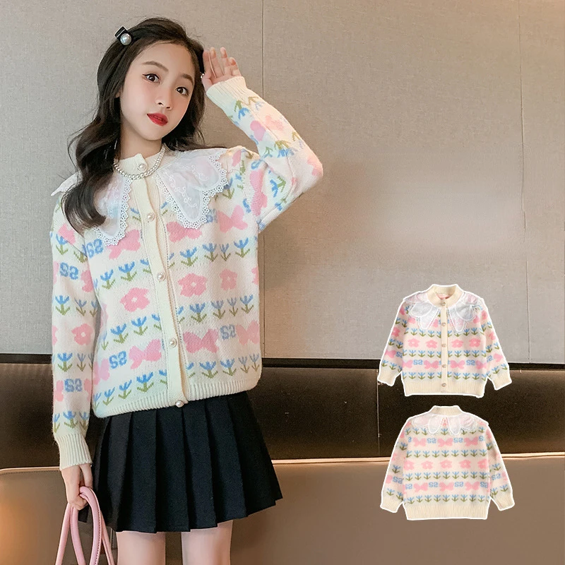 

Korean Style Knitted Sweet Casual Baby Sweater Elastic Lace Pearl Long Sleeve Cardigan Autumn Winter Children Clothes