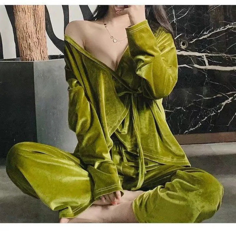 Autumn Velvet Sleepwear Velour Female Pajamas Two Pieces Set Long Sleeve Cardigan&Trouser Suit Loose Casual Homewear Lounge Wear