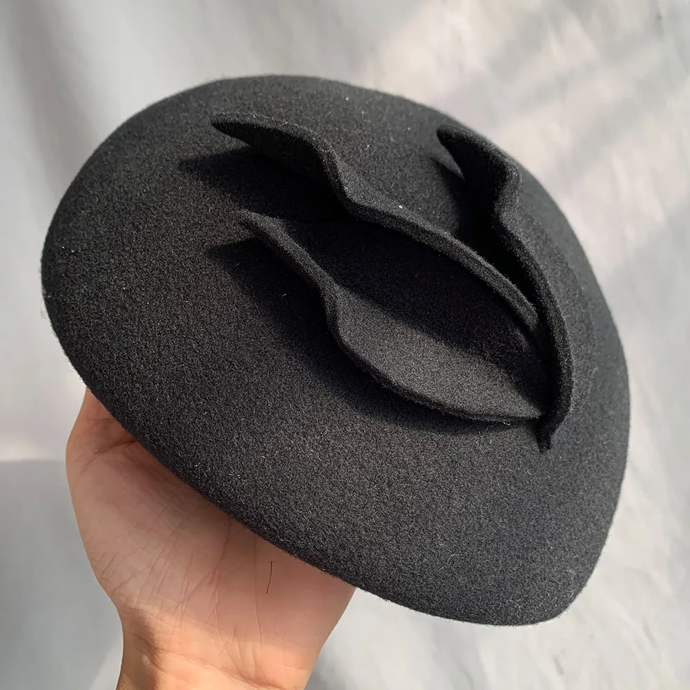 French Style Fascinator Hats Teardrop Womens British style wool felt fascinator hat with flowers Tam Beret Casque Cocktail Hat