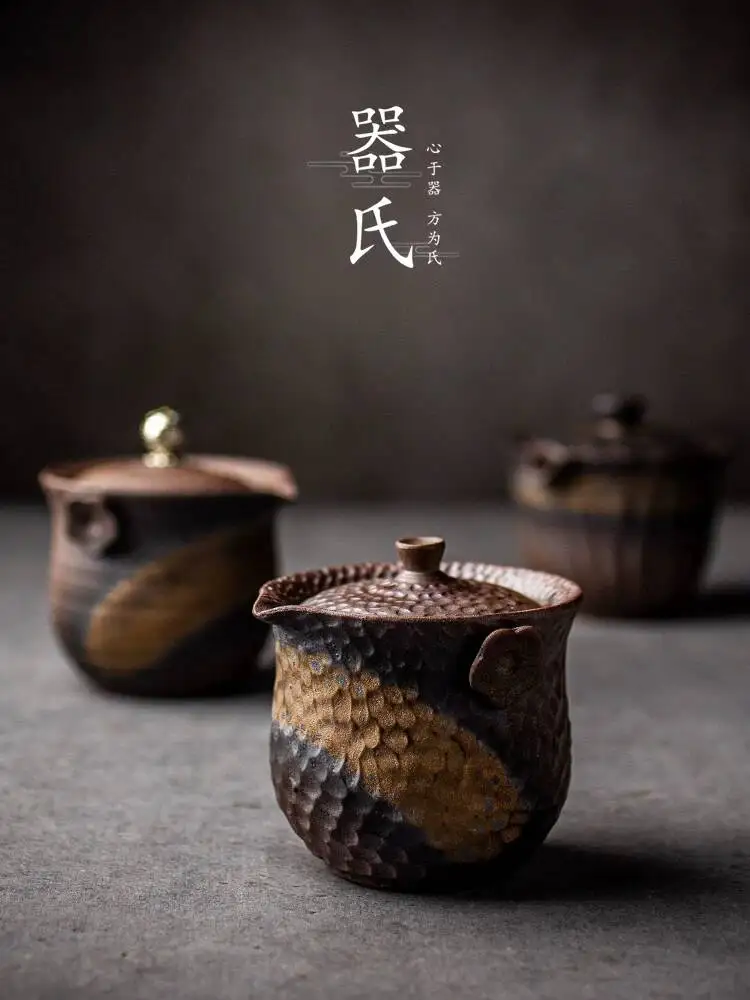

Ceramic Hand Held Teapot Lid Bowl Cup Kung Fu Set Tea Brewing Vessel Rustic Gold Plated Retro Household Teapot