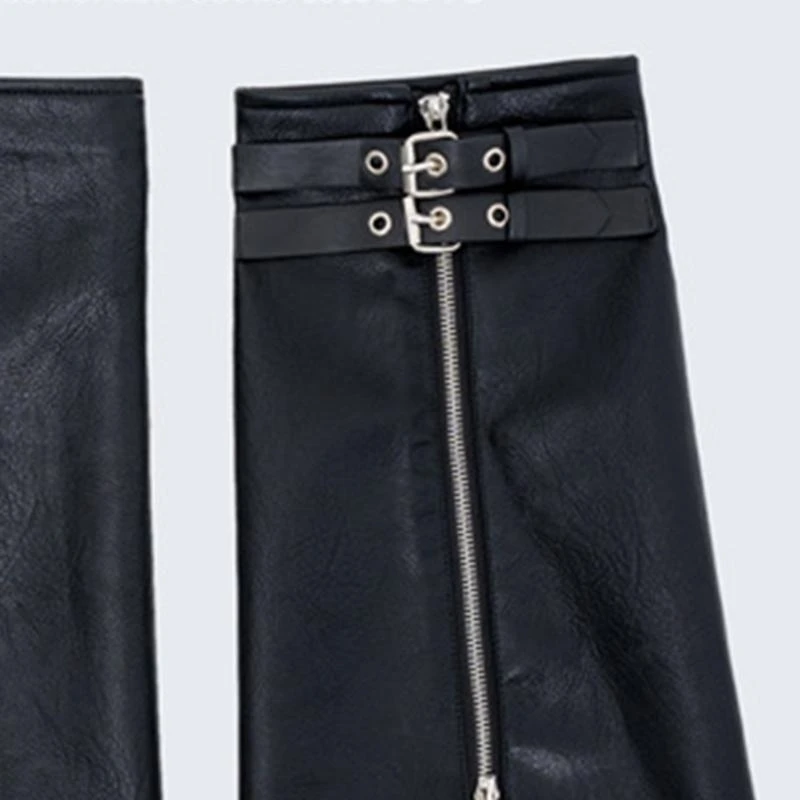 

Women Motorcycle Black Leg Cover Y2K Eyelet Strap Zippered PU Flared Leg Warmer