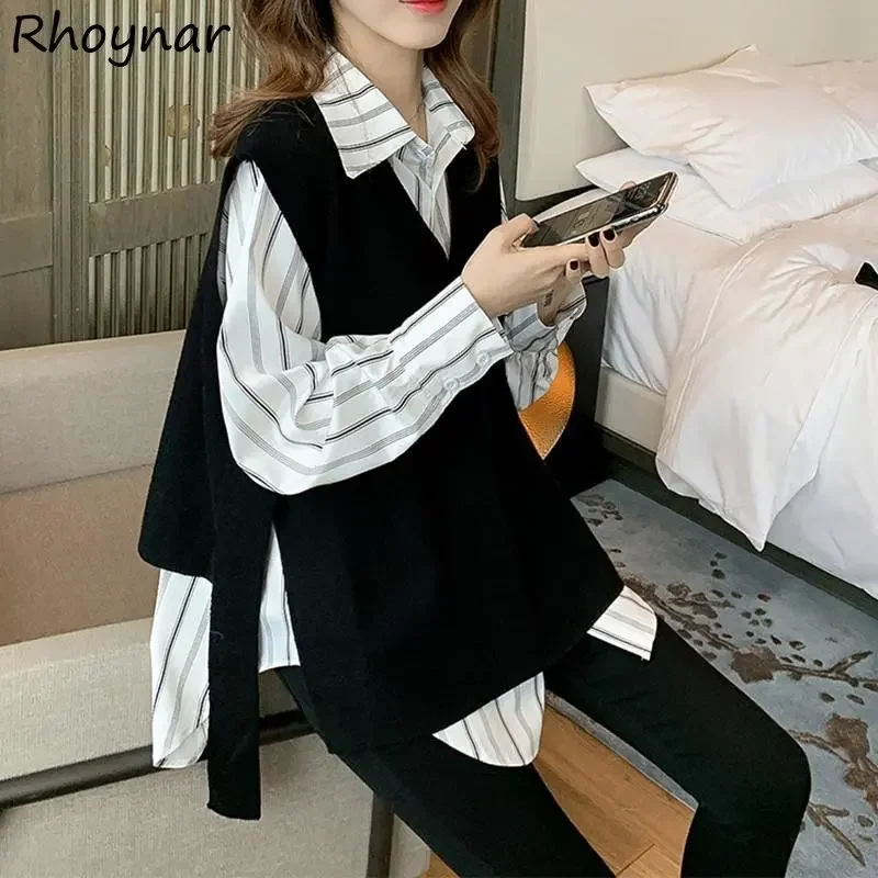 Two Piece Sets Women Striped Long Sleeve Shirts V-neck Side Slit Vests Temper Preppy Korean Fashion Baggy Design Clothes Leisure