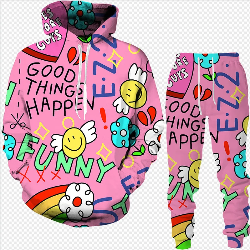 3D Cartoon Hand Drawn Graffiti Print Men\'s Hoodie Suit Casual Street Tracksuit Pants 2pcs Sets Personality Kid Sweatshirt Outfit