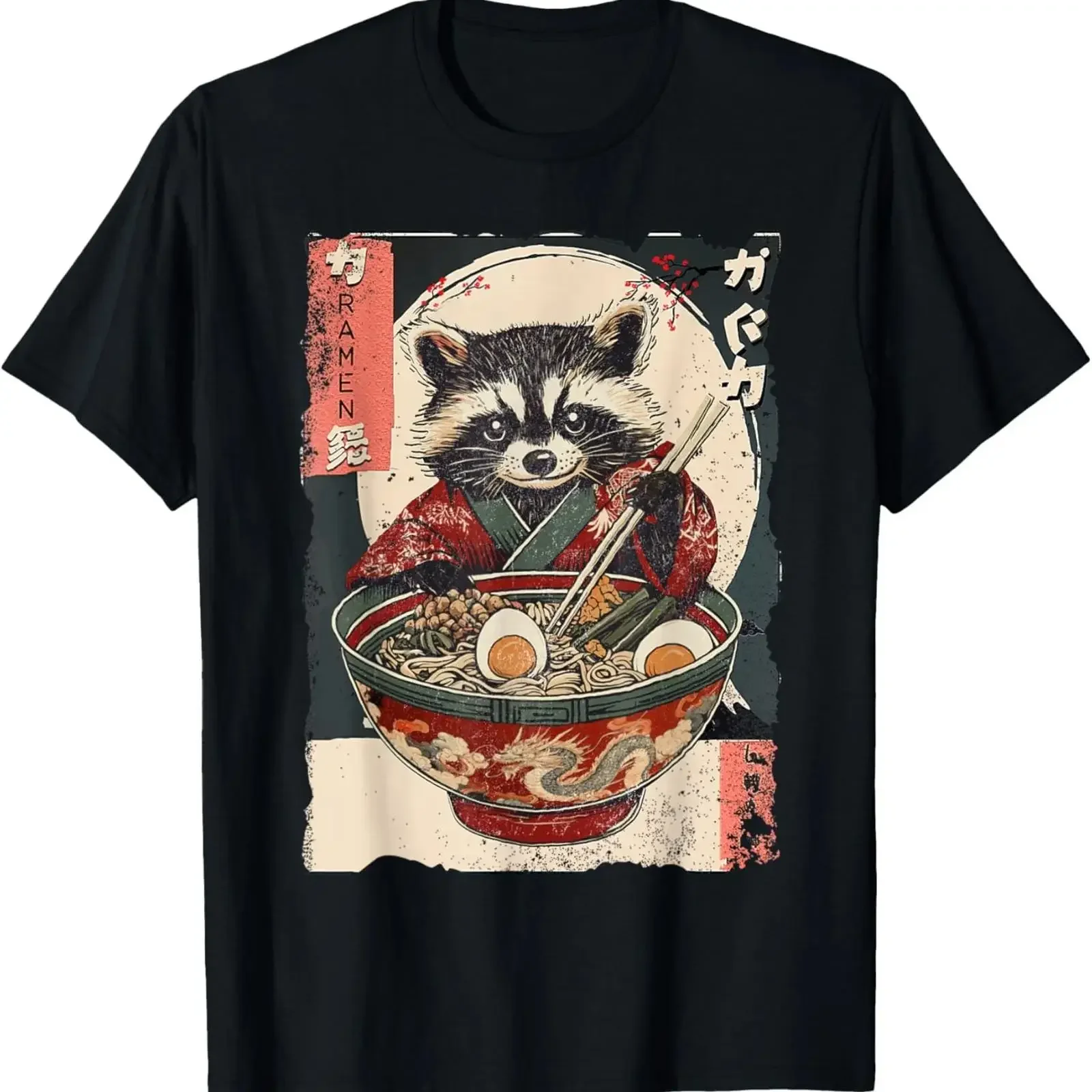 Retro Funny Racoon Eating Ramen Japanese Cat Meme Animals T Shirt vintage Washed Casual Breathable Soft graphic Slightly
