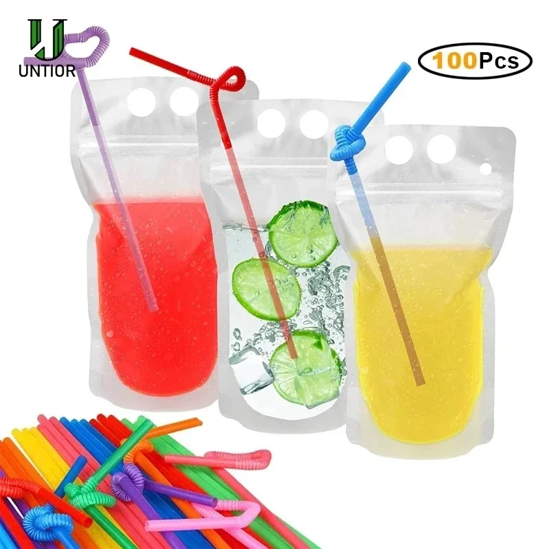 100PCS Magic Drink Pouches with Straw Resealable Ice Drink Pouches Smoothie Bags with Drinking Straws Reusable Juice Pouch