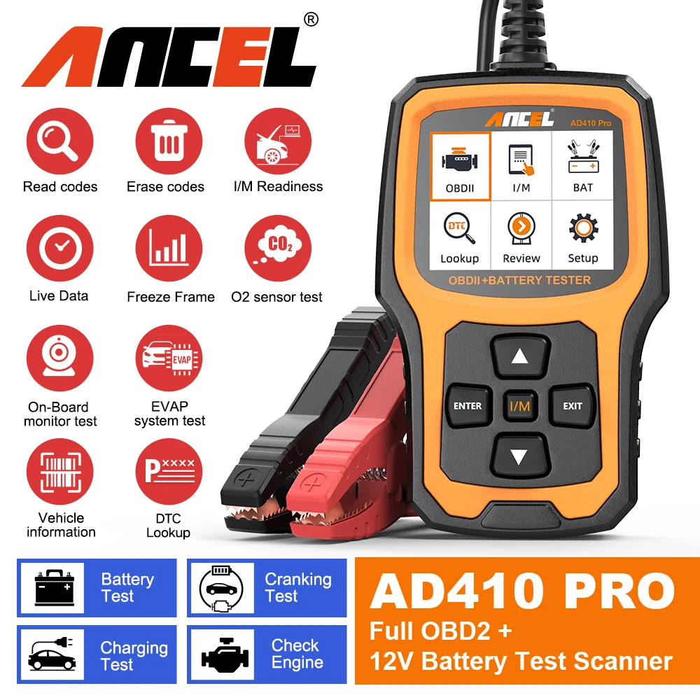 

ANCEL AD410 PRO OBD2 Scanner Code Reader & 6V 12V Auto Battery Test Check Engine With Full OBD2 Function Car Diagnostic Tools