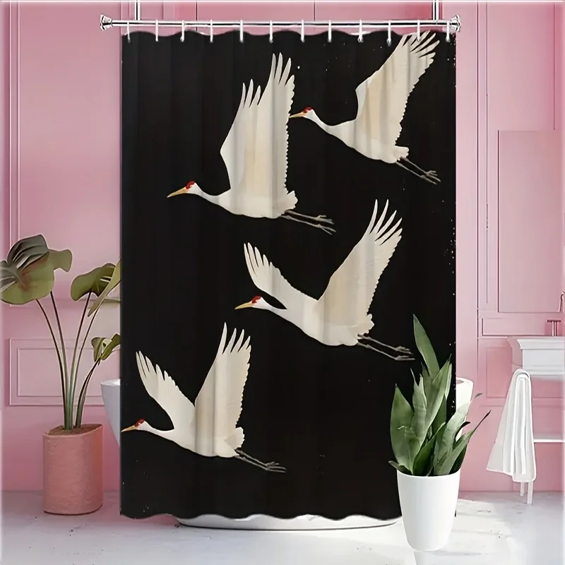 Elegant White Bird Flock Shower Curtain Black Background Bathroom Decor Waterproof Shower Curtain Liner