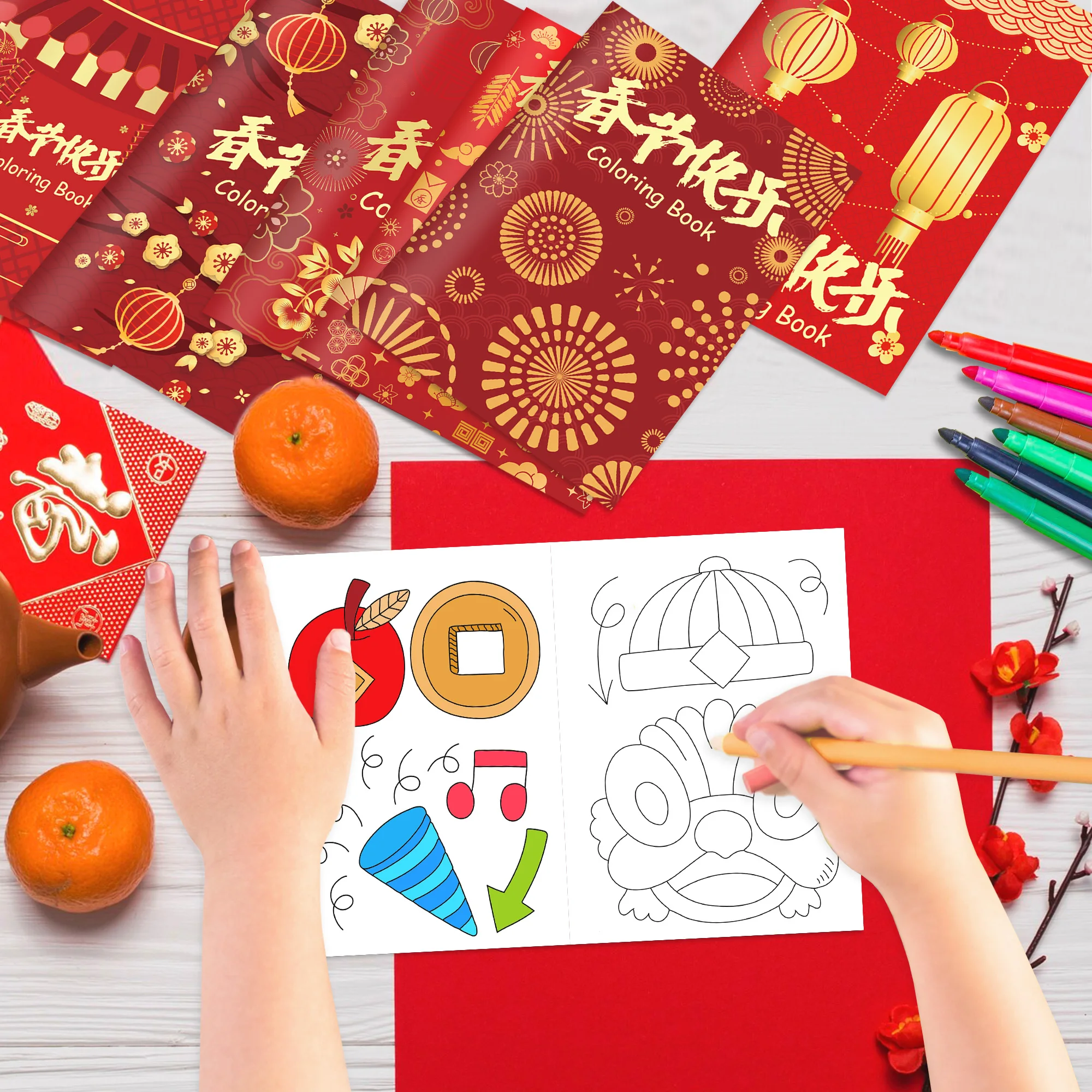 6/12/24Pcs Red Chinese New Year Mini Coloring Books Spring Festival Drawing Book Birthday Party Favor Goodie Fillers Supplies