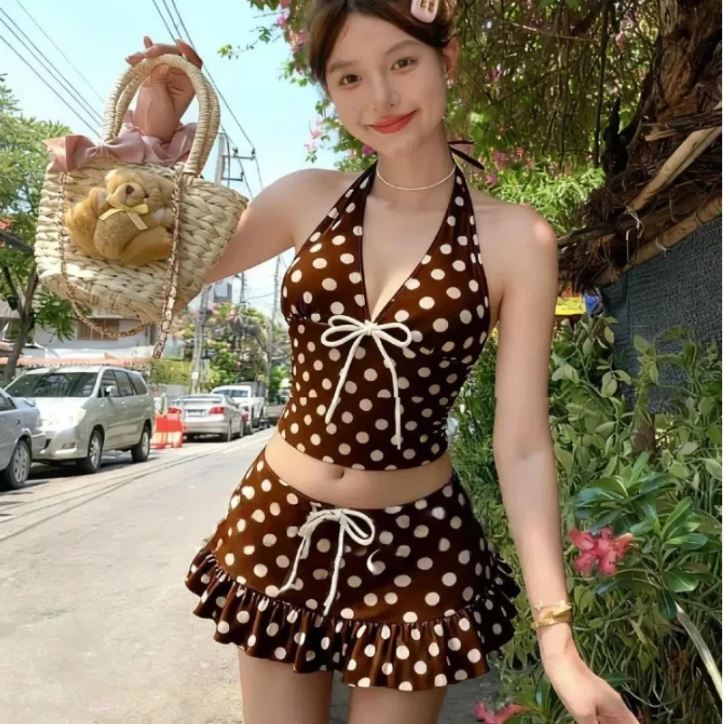 Vintage Y2K Swimming Suit for Women Sexy Backless Crop Tops Triangle with Skirt Bikini Set Beach Swimsuit Vacation 3pcs Swimwear