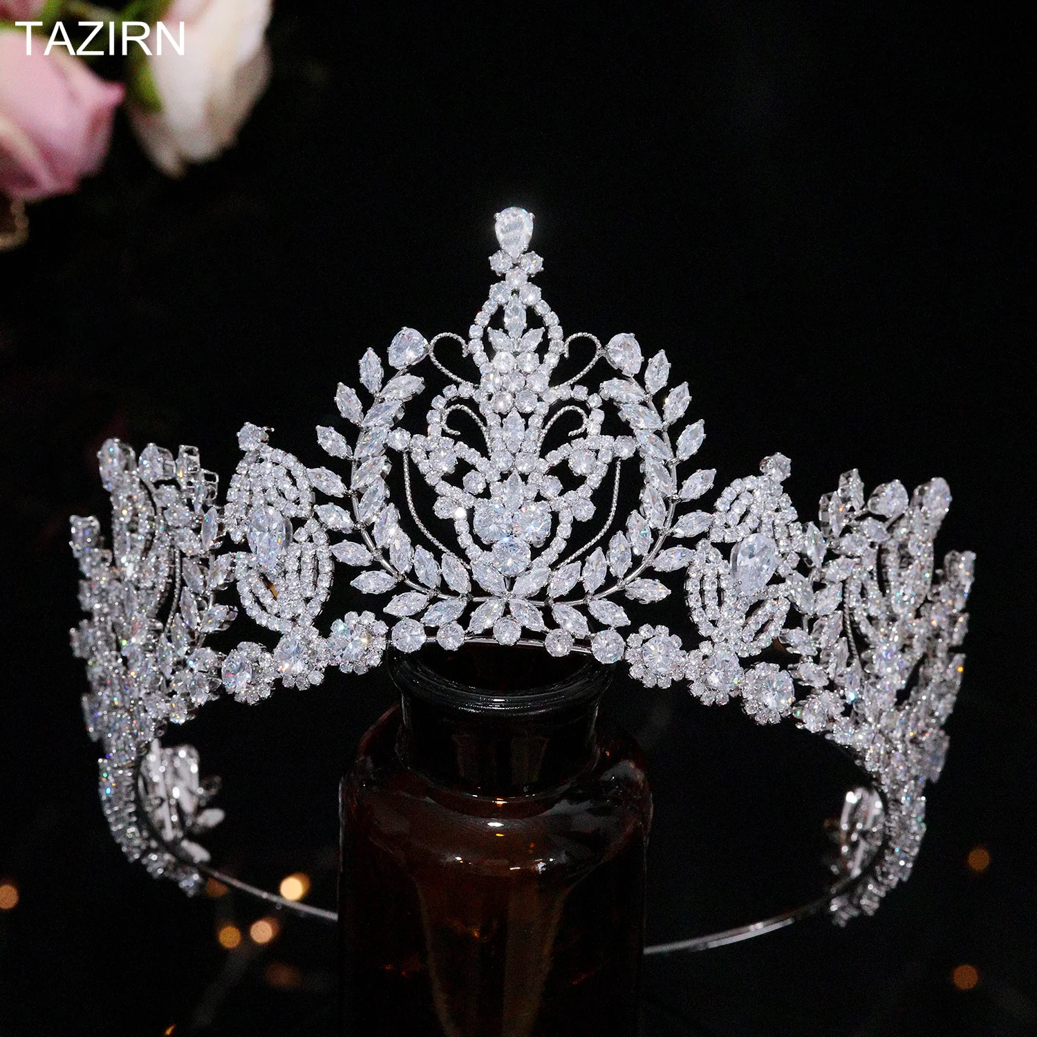 

TAZIRN Full Zirconia Big Wedding Bridal Tiaras Tall CZ Princess Birthday Party Crowns Arabic Dubai Luxury Handmade Headwear Gift