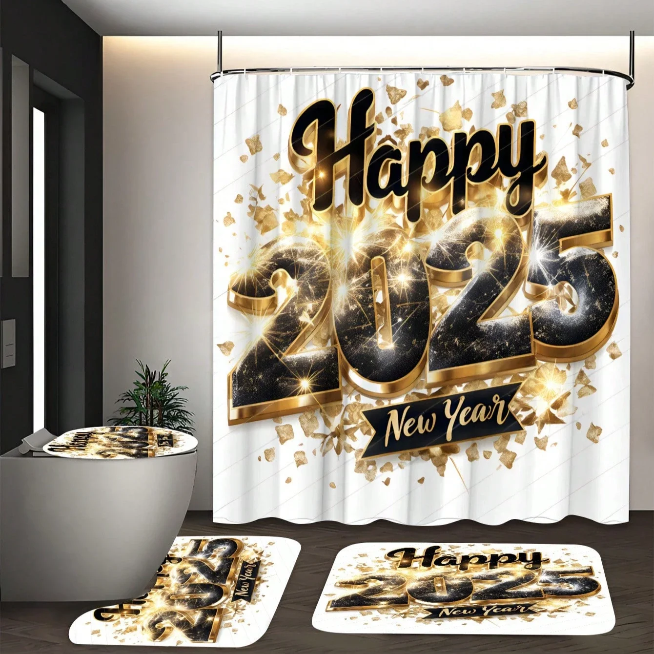 

Набор занавесок для душа с новогодним узором из 4 предметов 2025 года | Водонепроницаемый праздничный декор для ванной комнаты