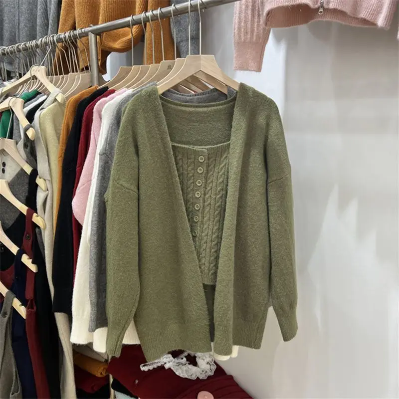 

Свитер, кардиган, пальто, жилет, комплект из двух предметов на подтяжках, женский осенне-зимний новый шерстяной вязаный костюм в ленивом стиле