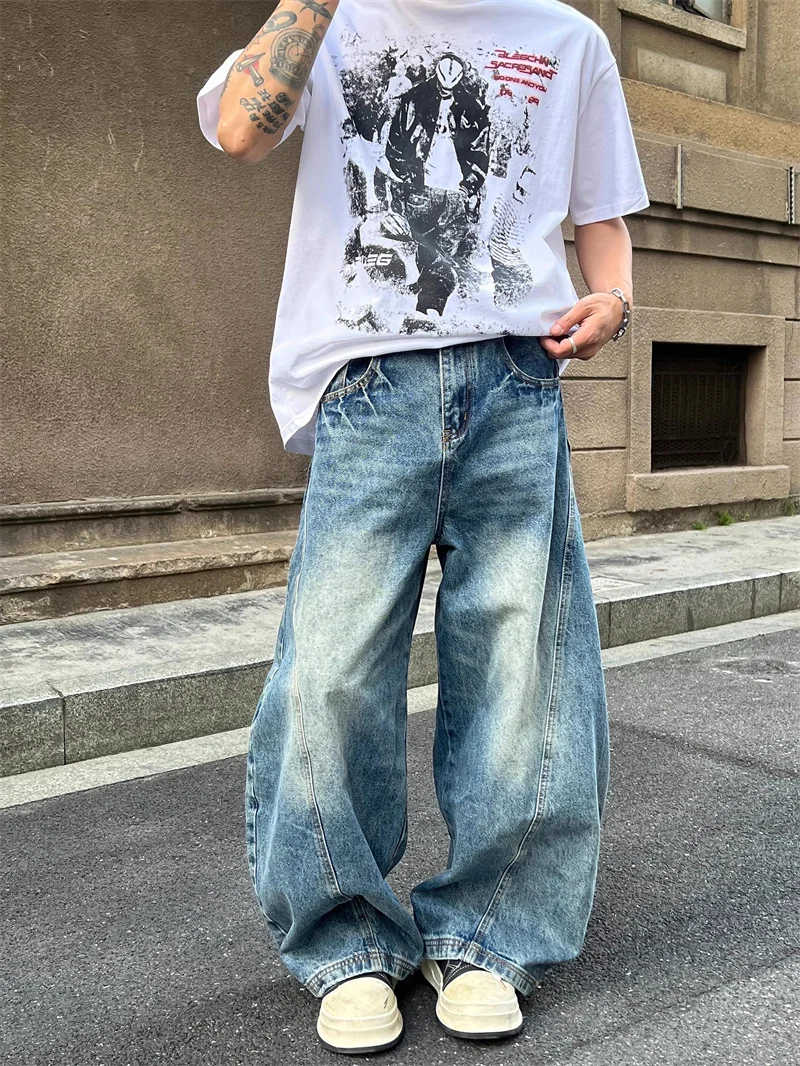 

Модные американские винтажные джинсы с широкими штанинами для мужчин, свободного кроя, из денима, повседневные прямые брюки-трубы, осенне-зимняя мода